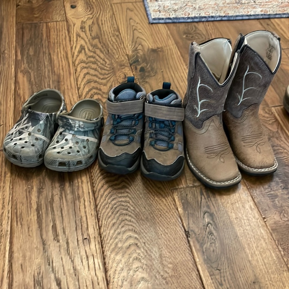 Toddler Boys Shoe Lot, cowboy boots, hiking boot and camo crocs
